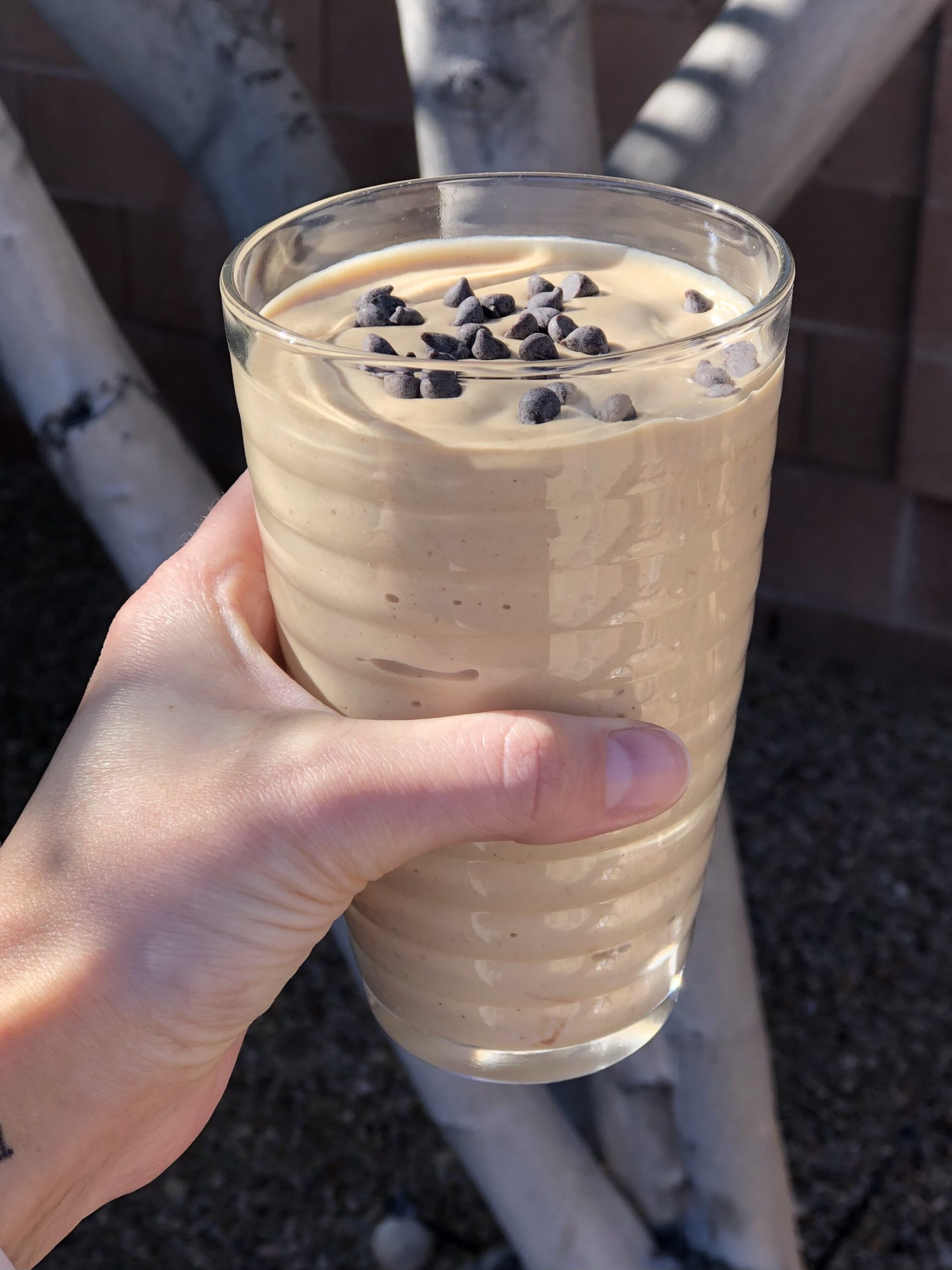 My FAVORITE post-workout re-fuel smoothie! Add chocolate chips because…why not!
